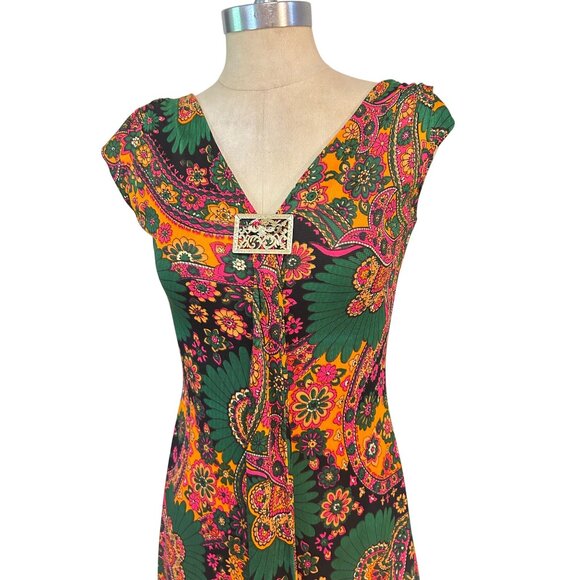Vintage 70s Floral Paisley Retro Maxi Dress W/ Gold Buckle Detail Fits 4 6 Sml - Picture 2 of 7